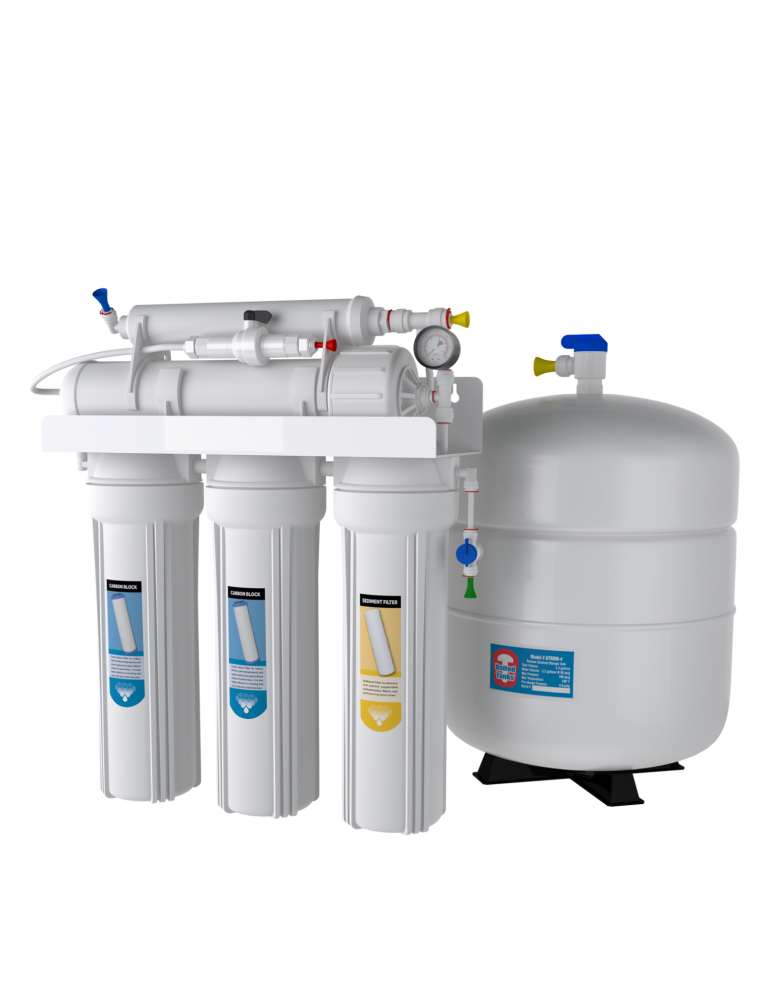 Five-stage reverse-osmosis system with filter housings and storage tank