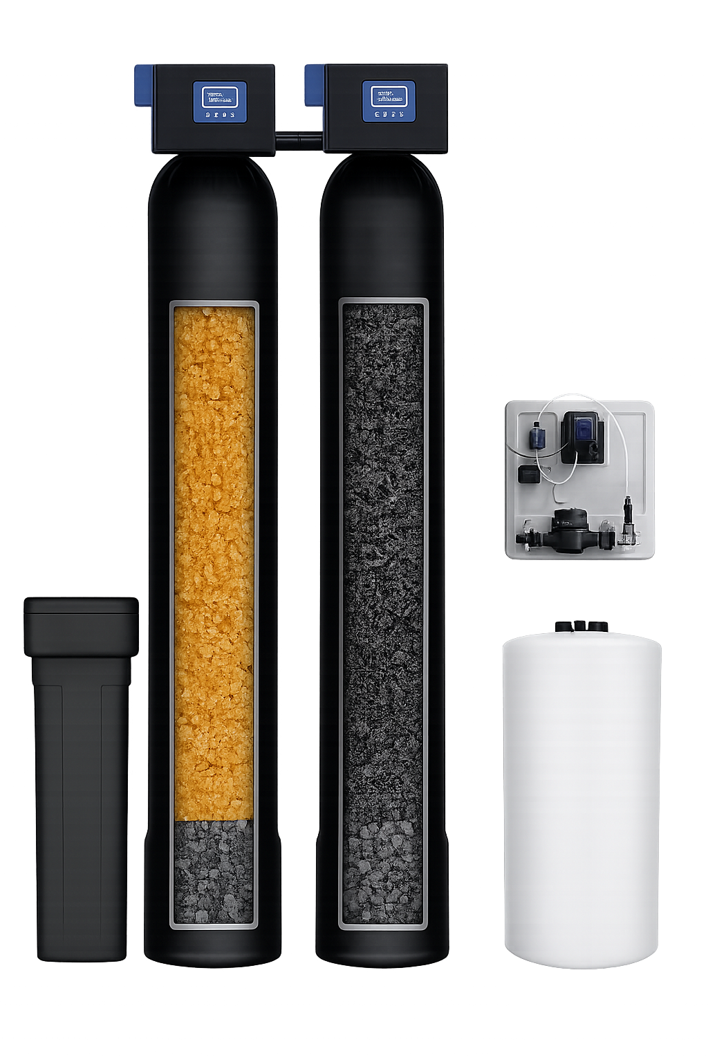 Iron and sulfur removal system with two treatment tanks and solution tank