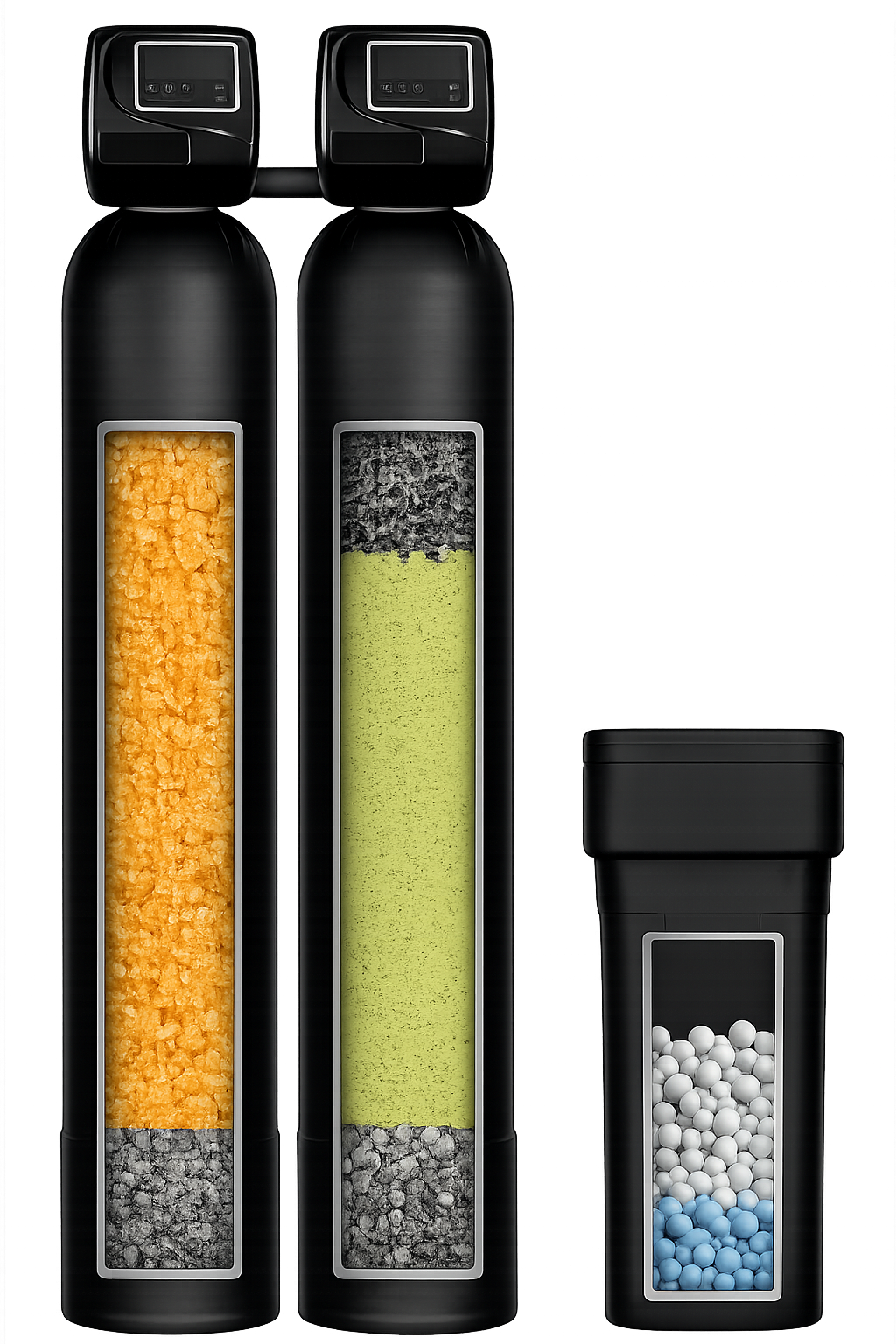 Well-water dual-tank treatment system with brine cabinet
