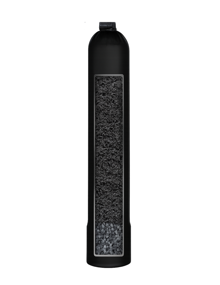 Tall black whole-home water filtration tank
